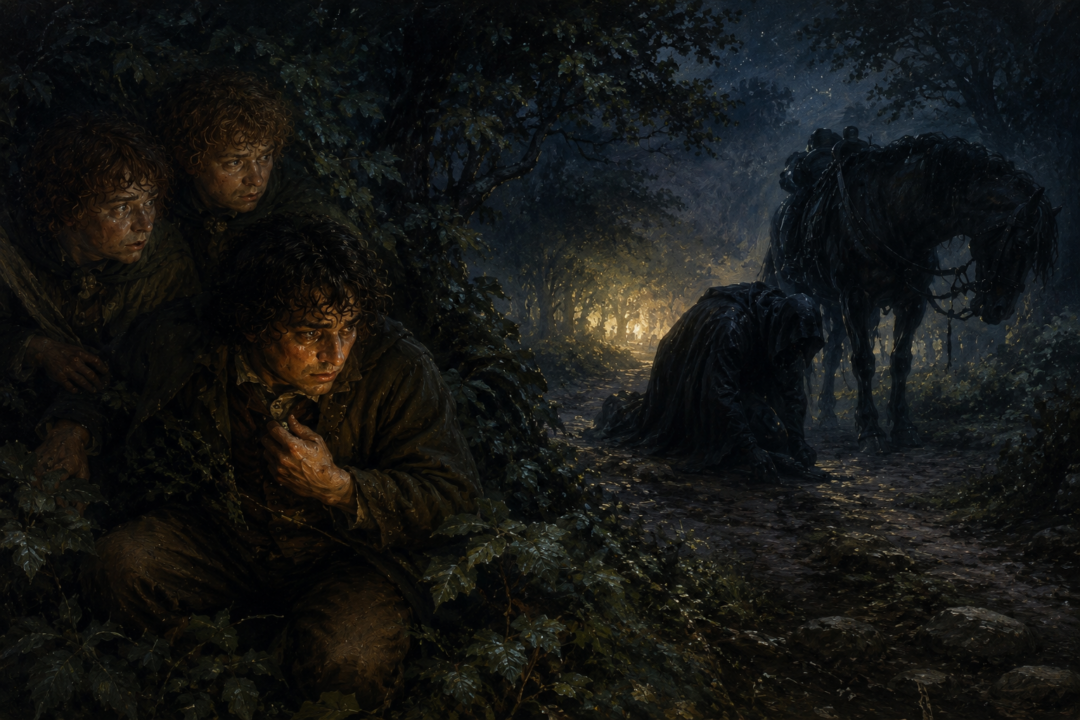 Frodo resists the temptation to use the One Ring while a Black Rider searches near his hiding place in the Shire.