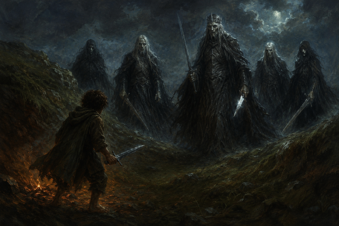 Frodo sees the spectral forms of five Ringwraiths after putting on the One Ring beneath Weathertop.