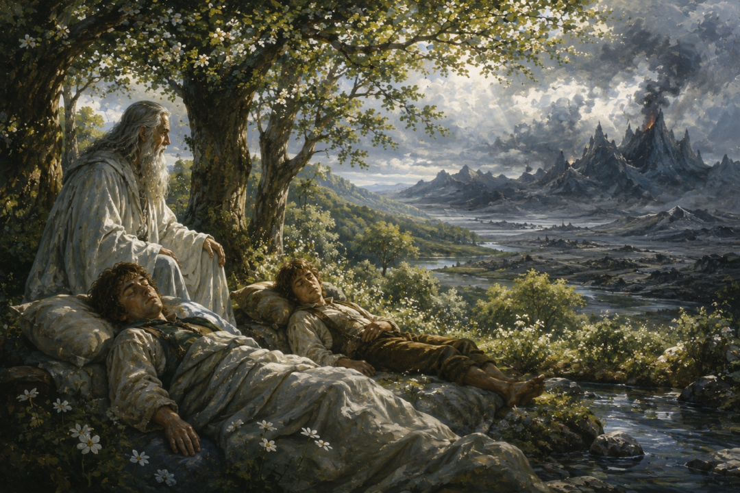 Frodo and Sam awaken beneath the trees of Ithilien with Gandalf after their rescue from Mount Doom.