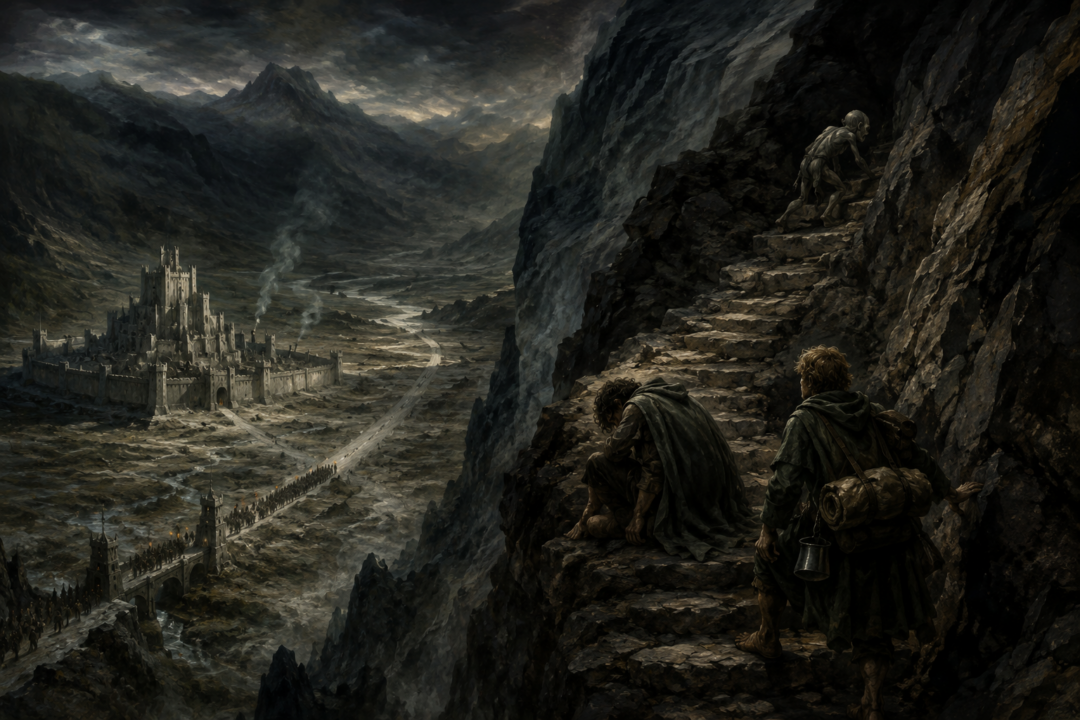Frodo, Sam and Gollum climbing the steep stairs toward Cirith Ungol above the Morgul Vale.