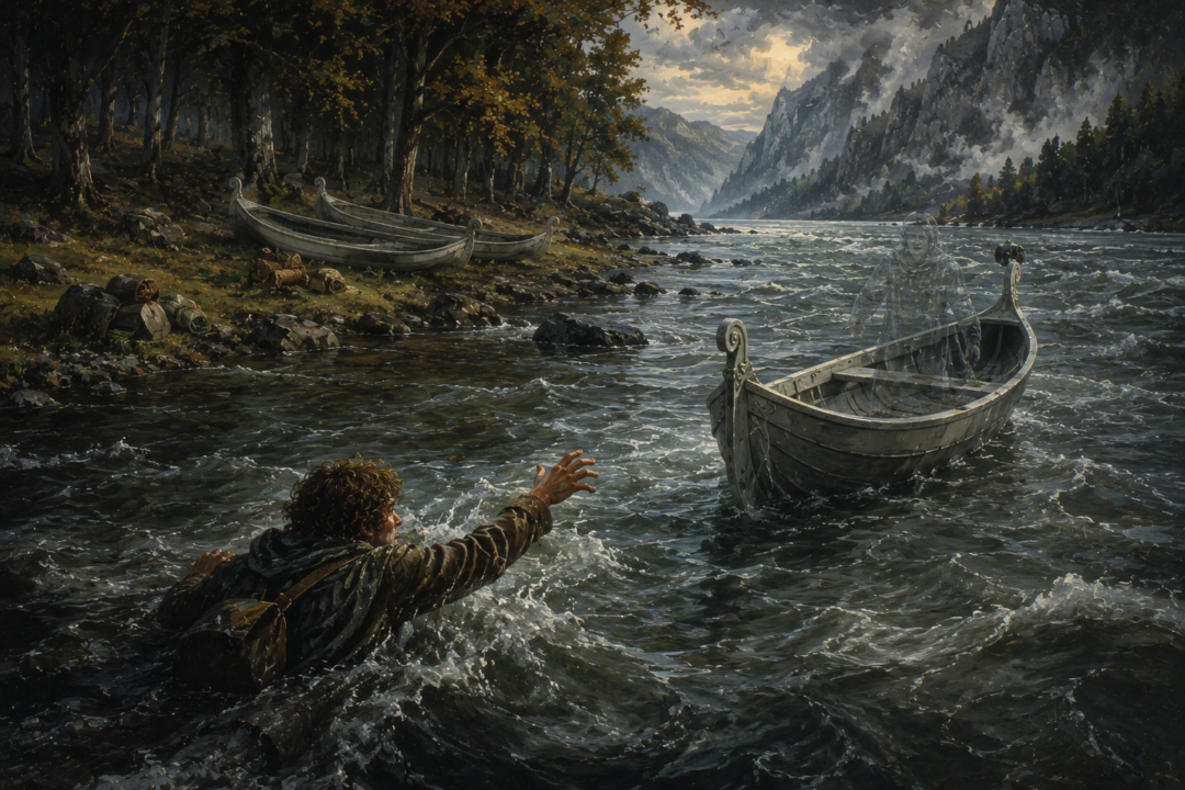 Frodo and Sam cross the Anduin together in a small Elven boat after the breaking of the Fellowship.
