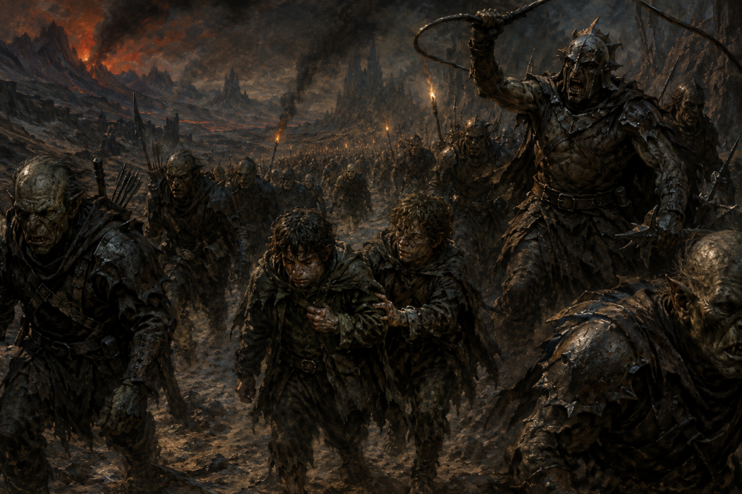Exhausted Frodo and Sam struggling to keep pace inside a brutal Orc march driven forward by larger Uruks.
