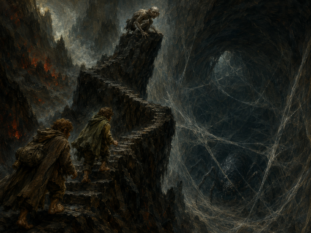 Frodo and Sam follow Gollum toward Cirith Ungol without seeing the web-filled trap hidden beyond the mountain ridge.
