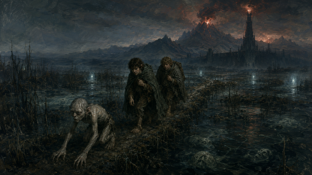 Frodo, Sam and Gollum crossing the Dead Marshes while the fortified mountains of Mordor loom in the distance.