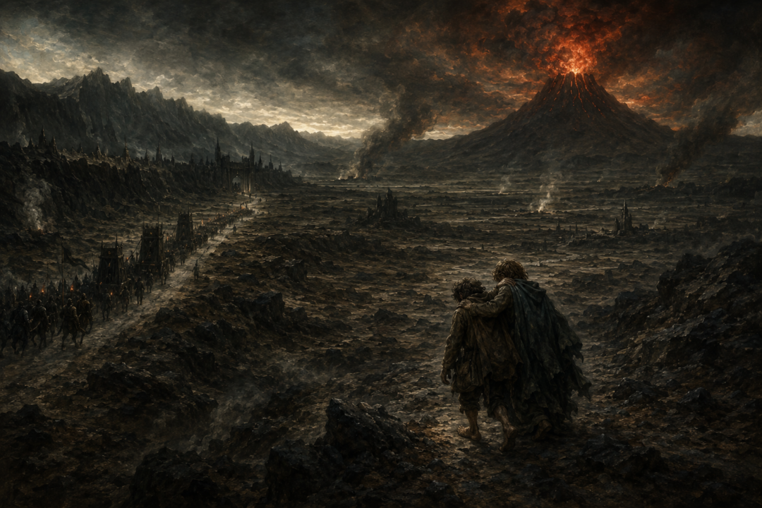 Frodo and Sam crossing the Plateau of Gorgoroth toward Mount Doom as Sauron's armies move north.