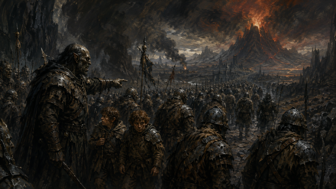 Frodo and Sam disguised in Orc gear being forced into a marching Orc company on a dark road in Mordor.