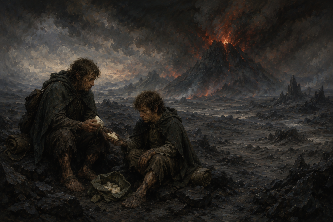 Exhausted Frodo and Sam share their dwindling lembas while crossing the barren land toward Mount Doom.
