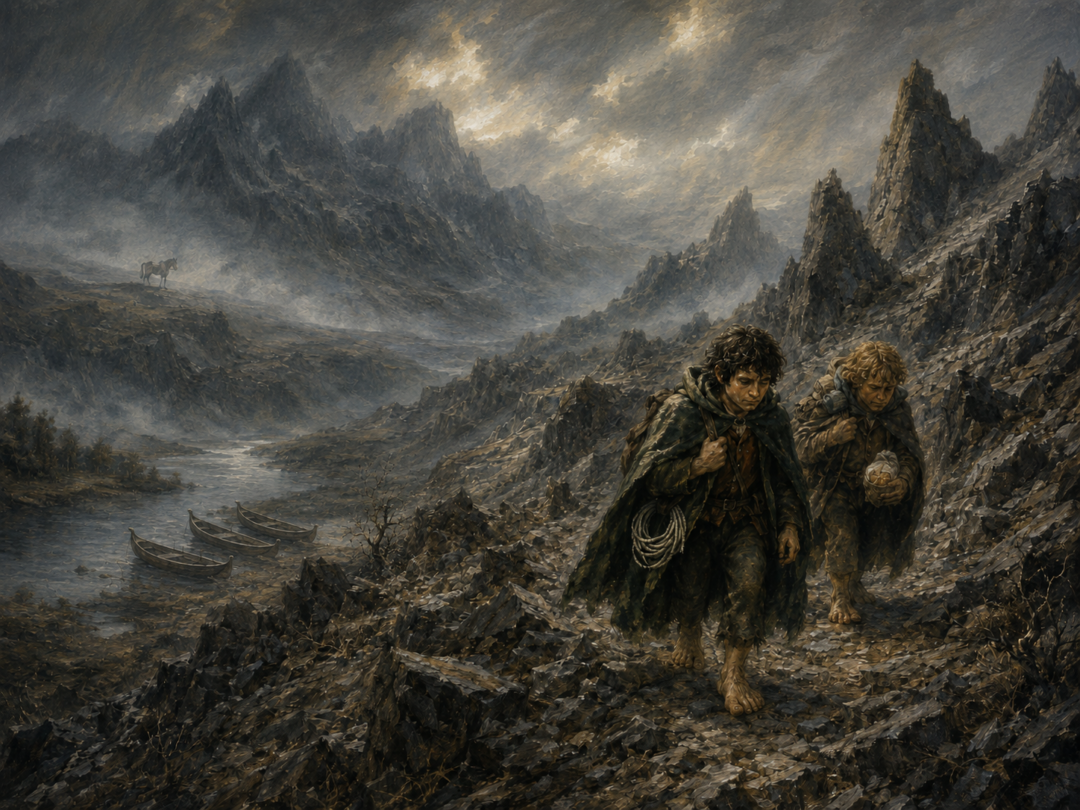 Frodo and Sam cross the Emyn Muil carrying Lembas and Elven rope after leaving the Fellowship's boats behind.