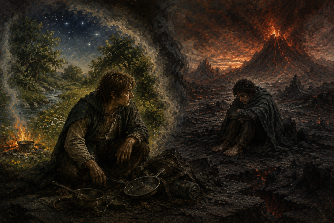 Sam remembers food, trees and stars while an exhausted Frodo struggles beneath the growing burden of the Ring in Mordor.