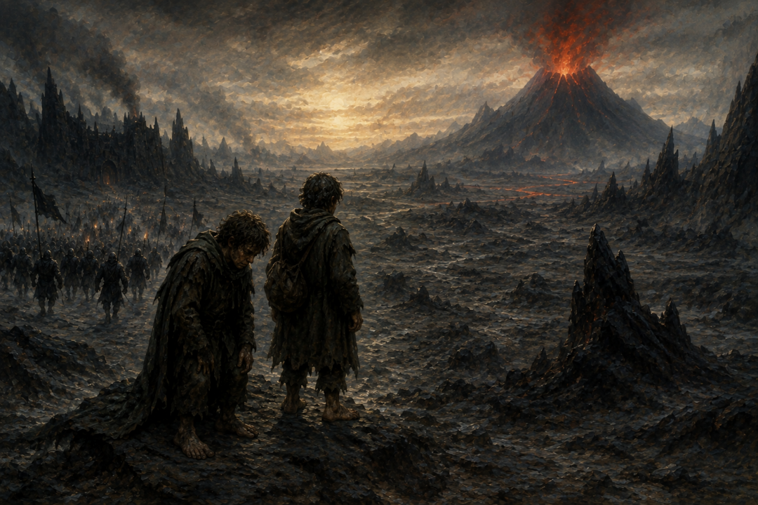 Frodo and Sam looking toward distant Mount Doom at grey dawn after escaping from the Orc march.