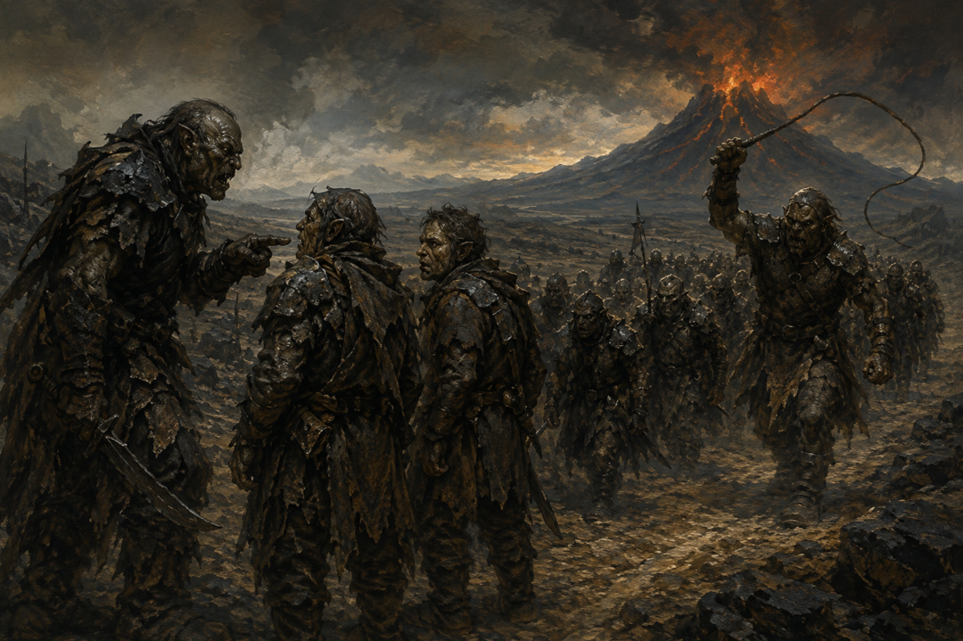 Frodo and Sam disguised as Orcs being forced into a marching Orc company on the road across Mordor.