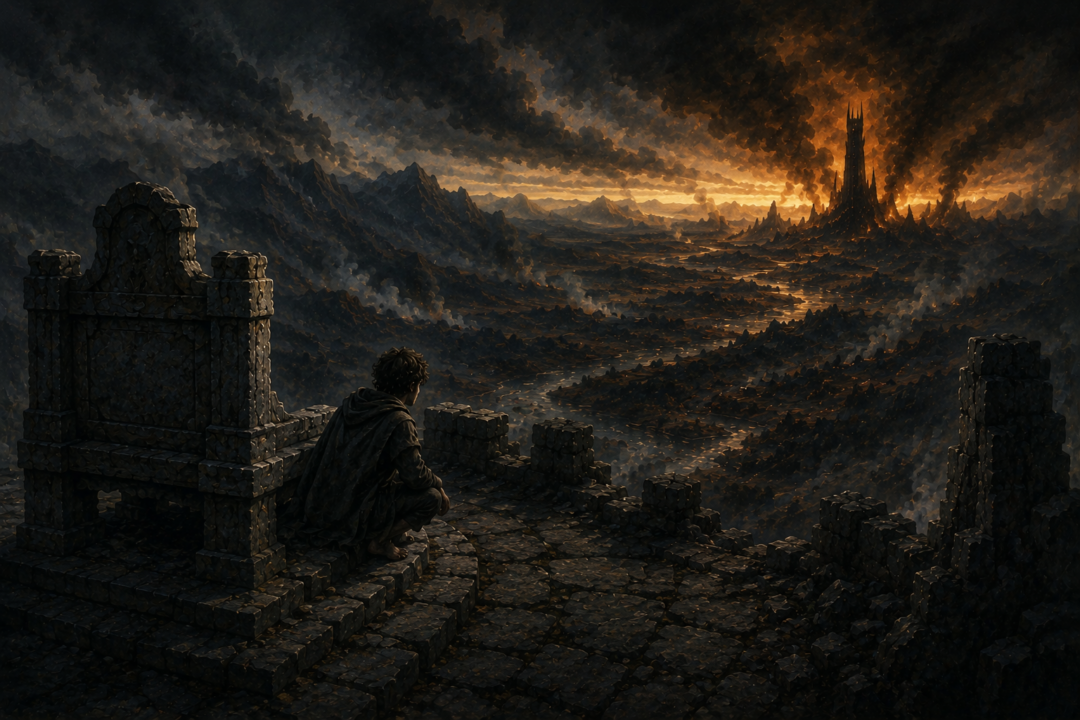Frodo crouches on Amon Hen as Sauron's searching will reaches toward him from distant Mordor.