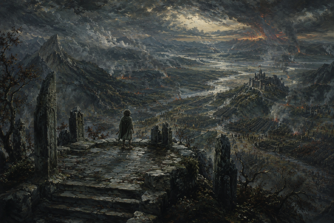 Frodo experiences a vast vision of Middle-earth at war from the ancient Seat of Seeing on Amon Hen.