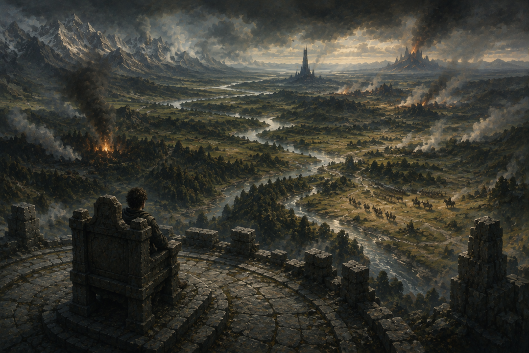Frodo sees signs of war spreading across Middle-earth from the high Seat of Seeing on Amon Hen.