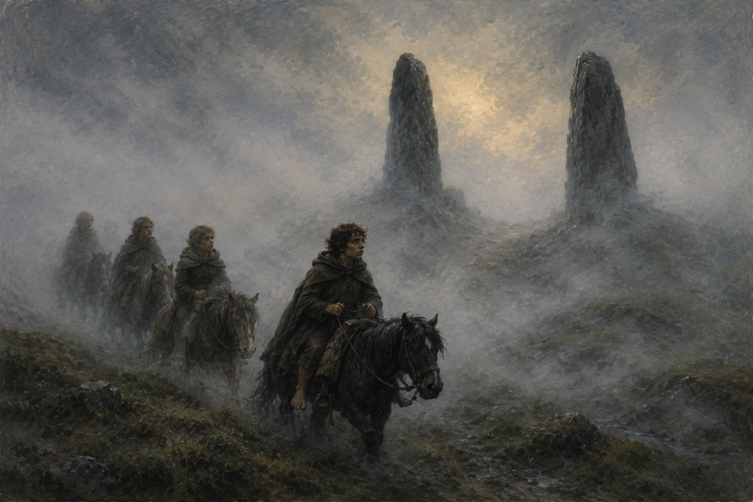 Frodo leads the hobbits through thick Barrow-downs fog toward two looming standing stones he mistakes for a way out.