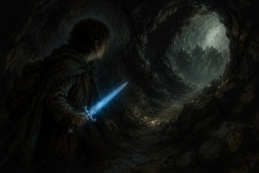 Frodo holding Sting as the blade warns of hidden enemies in the darkness