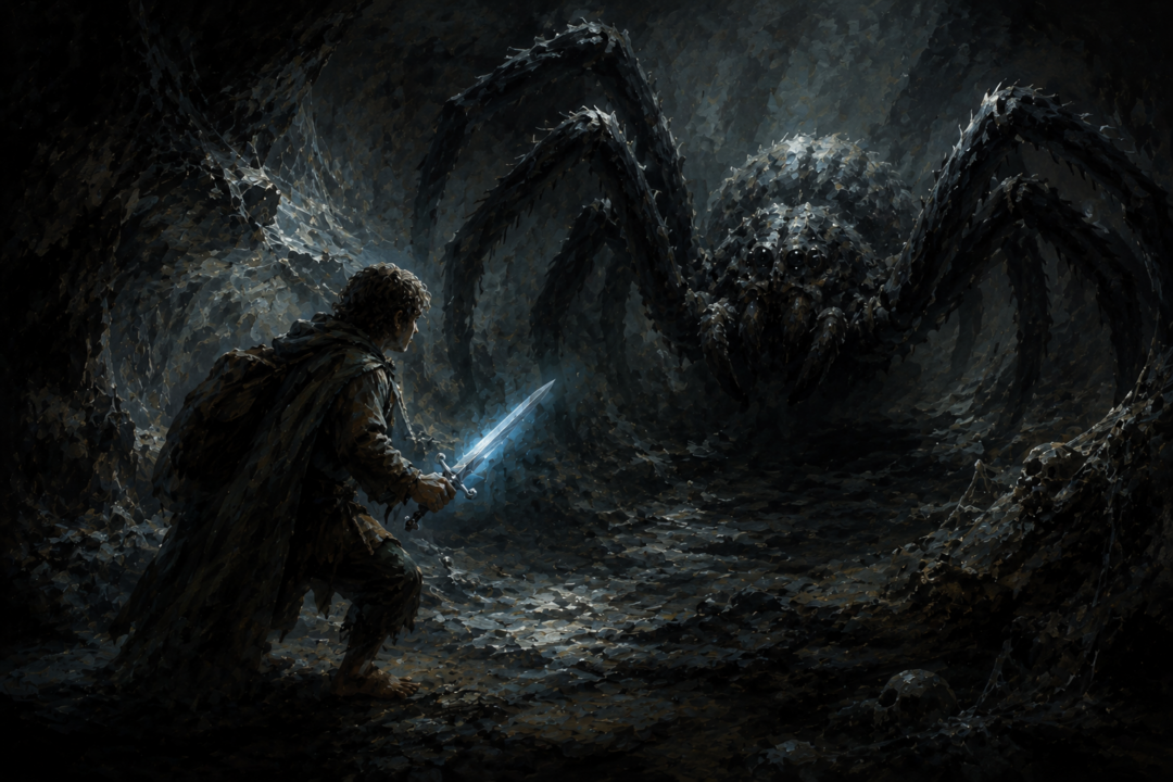 Frodo using Sting as a glowing defense against darkness in Shelob’s lair