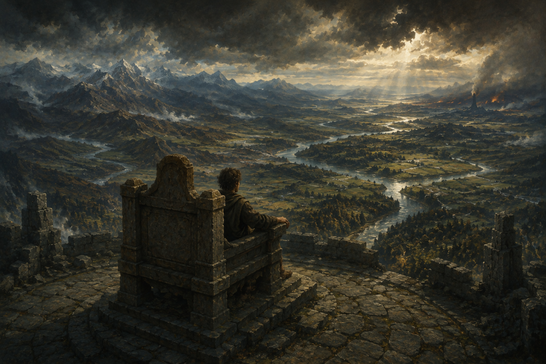 Frodo wears the One Ring on the Seat of Seeing as distant regions of Middle-earth appear before him.