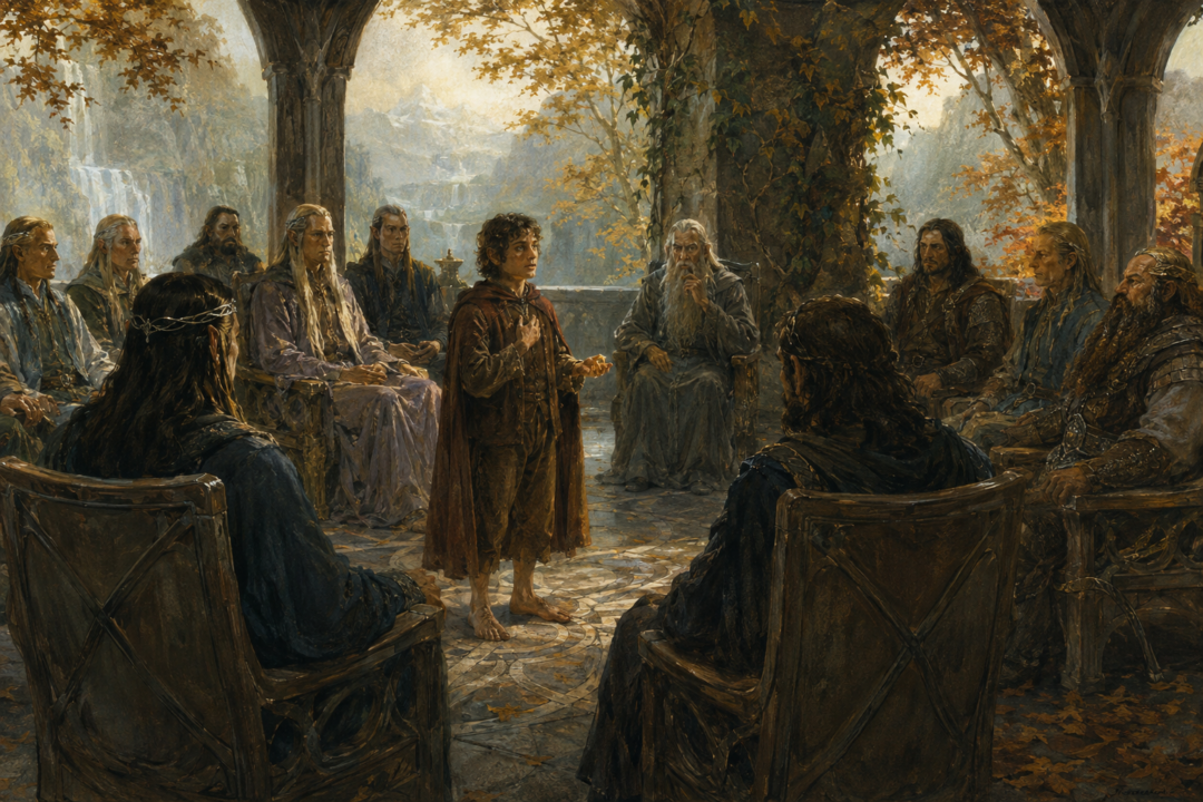 Frodo voluntarily offers to bear the One Ring before Elrond and the assembled Council in Rivendell.