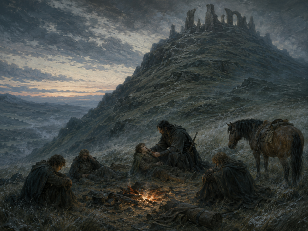 Wounded Frodo lies with his companions in the dell beneath the ruined summit of Weathertop before dawn.