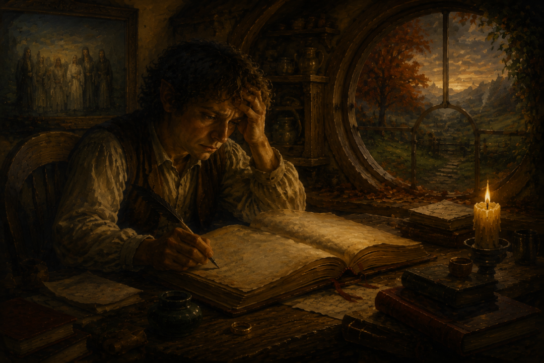 Frodo recording the events of the War of the Ring after returning home