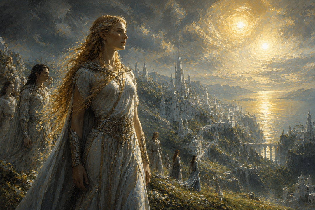 Young Galadriel standing tall and strong on the green heights near Tirion in Valinor