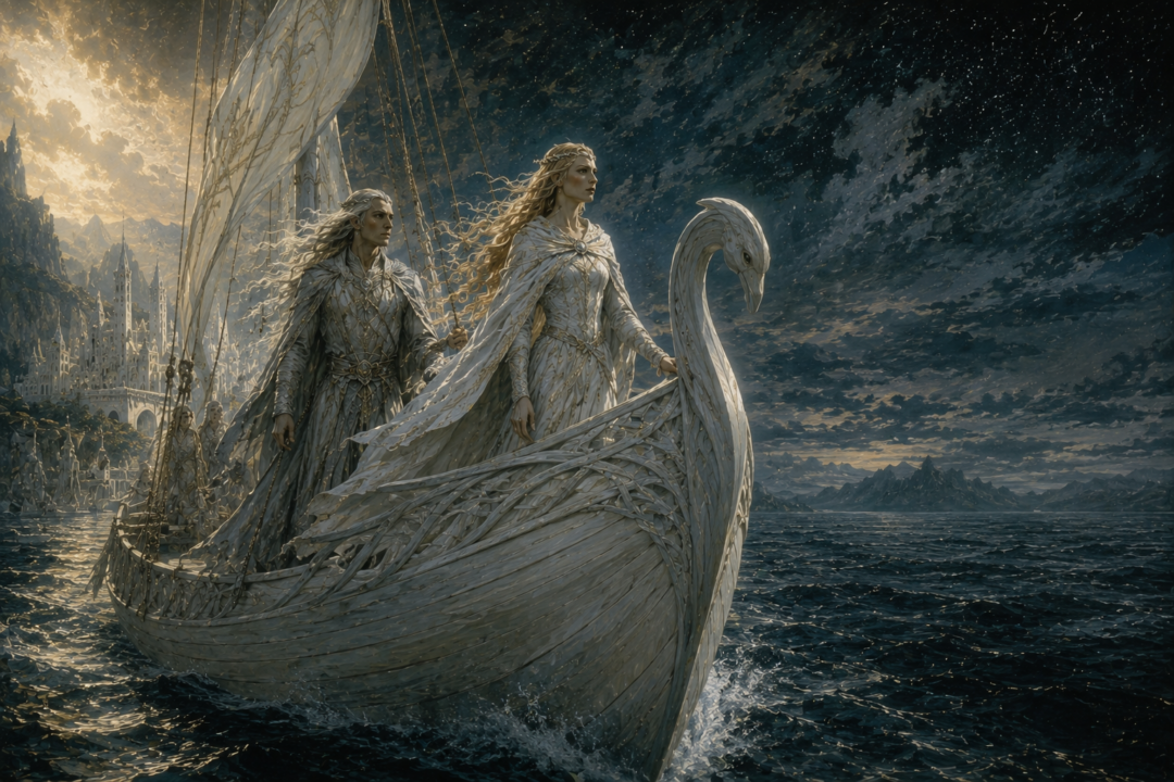 Galadriel and the Telerin Celeborn sailing independently from Aman toward Middle-earth in a late conception