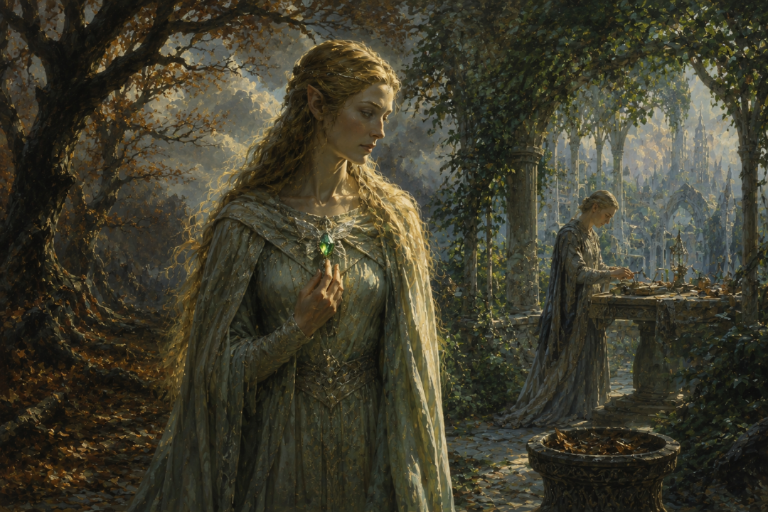 Galadriel holding the green Elessar in a fading woodland with Celebrimbor visible near his workbench.