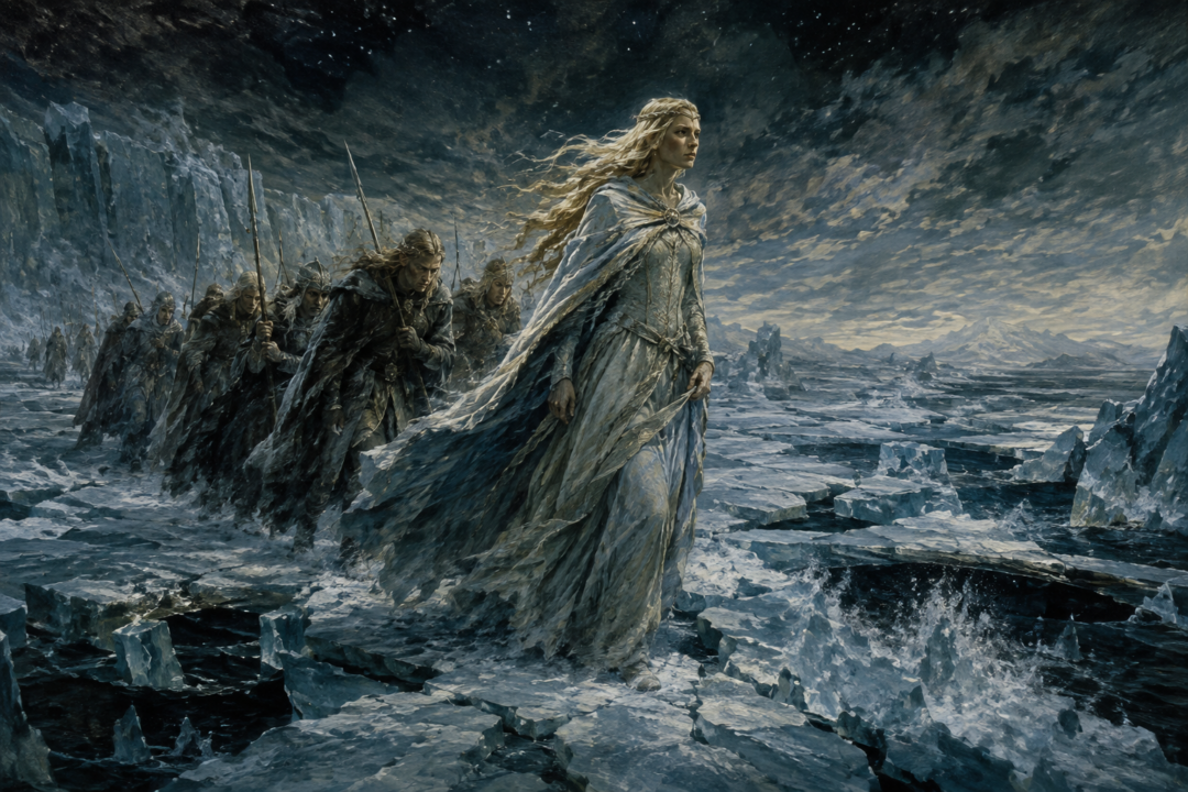 Galadriel crossing the dangerous ice of the Helcaraxë with the Noldorin host in the First Age