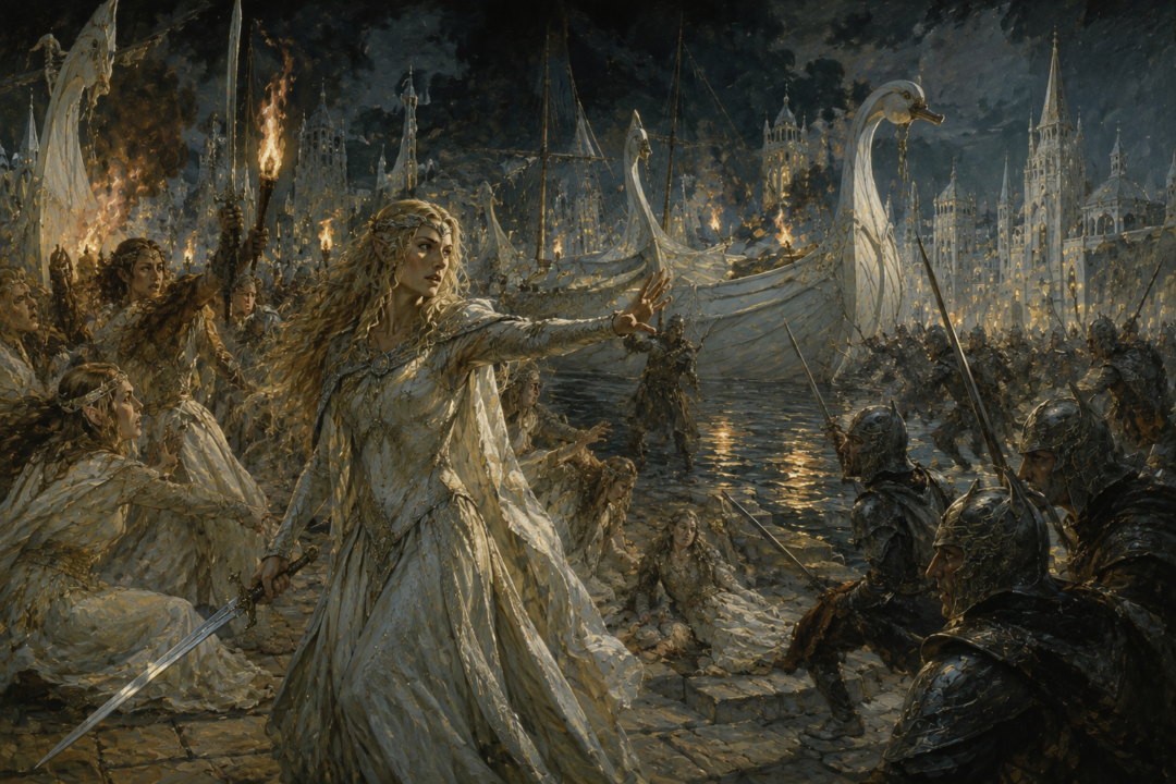 Galadriel defending the Teleri during the Kinslaying at Alqualondë in a later version of her history
