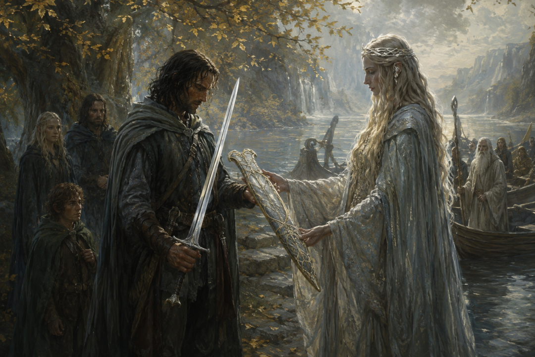 Galadriel presents Aragorn with the silver-and-gold Elven sheath made for Andúril as the Fellowship leaves Lothlórien.