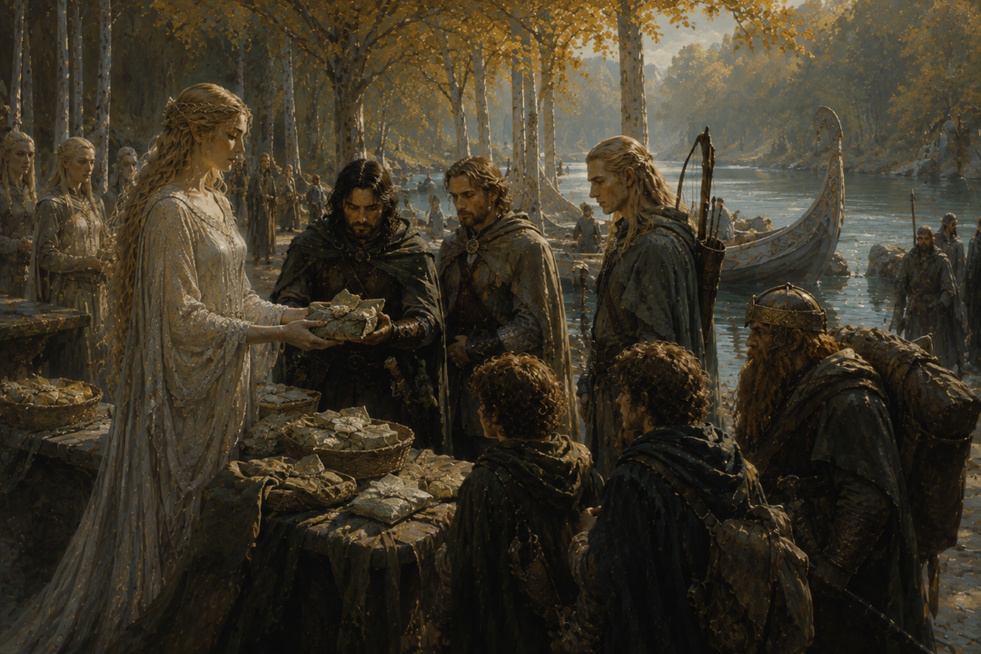 The Fellowship receives leaf-wrapped lembas as provisions before departing Galadriel's realm of Lothlórien.
