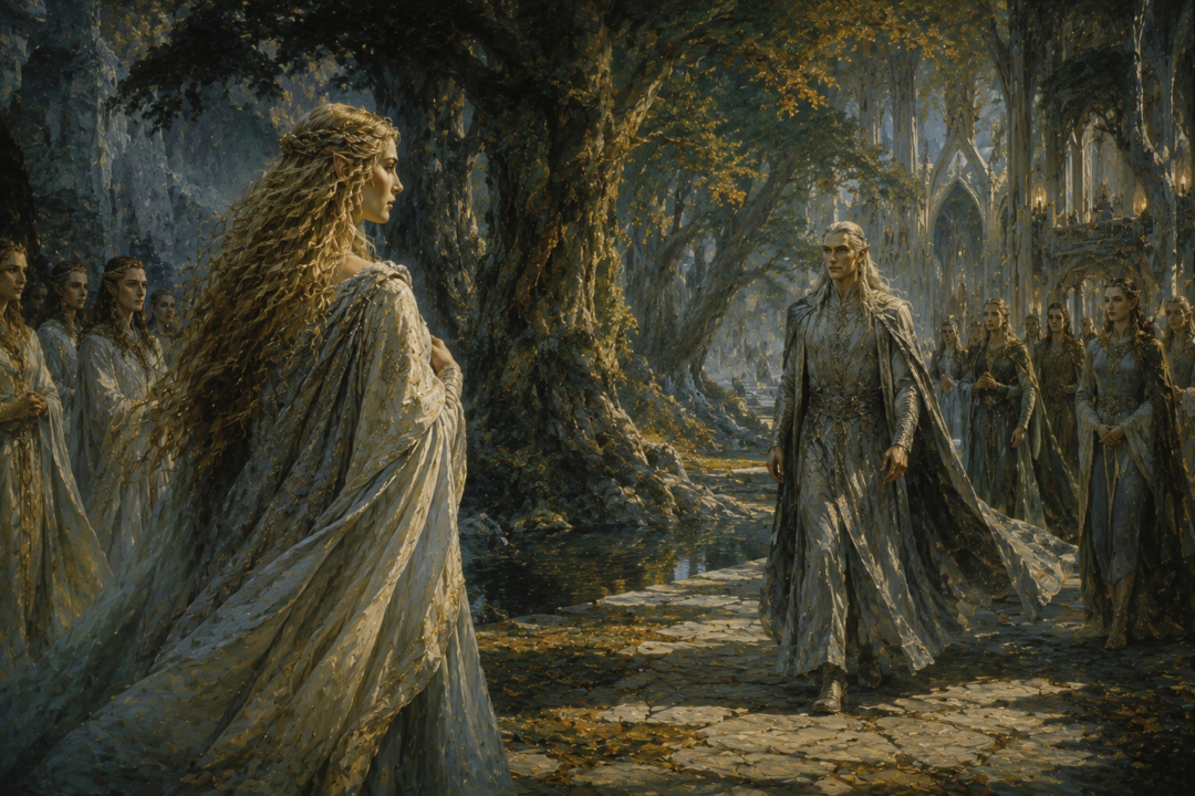 Galadriel encountering the Sindarin Celeborn beneath the great trees of Doriath