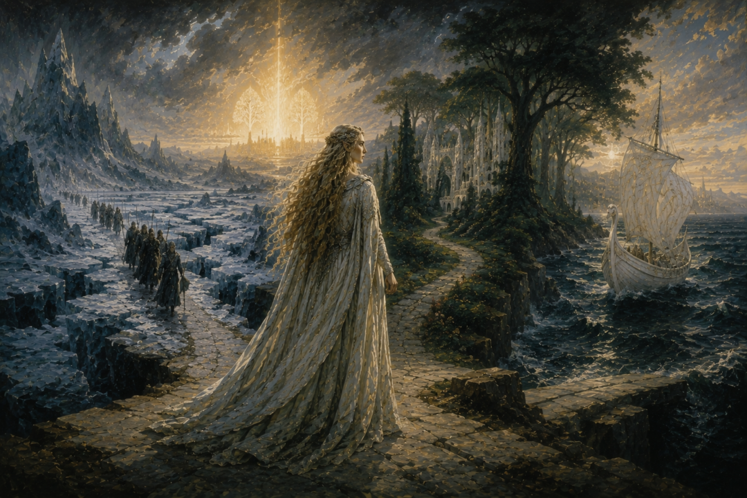 Symbolic Galadriel facing alternative paths toward the Helcaraxë, Doriath, and a voyage from Aman