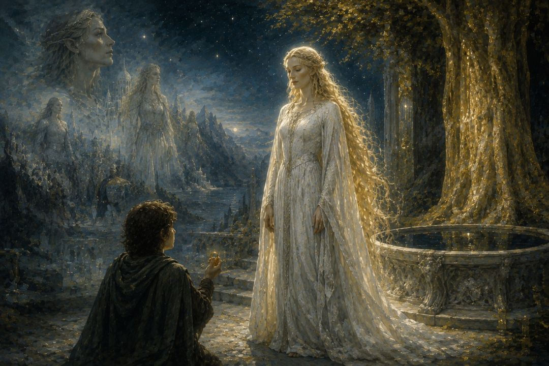 Galadriel standing before Frodo in Lothlórien after refusing the One Ring