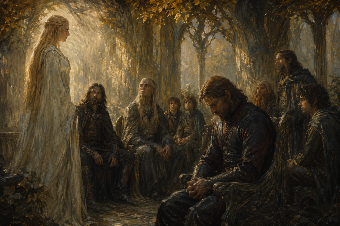 Galadriel searches the hearts of Boromir and the Fellowship beneath the golden mallorn trees of Lothlórien.