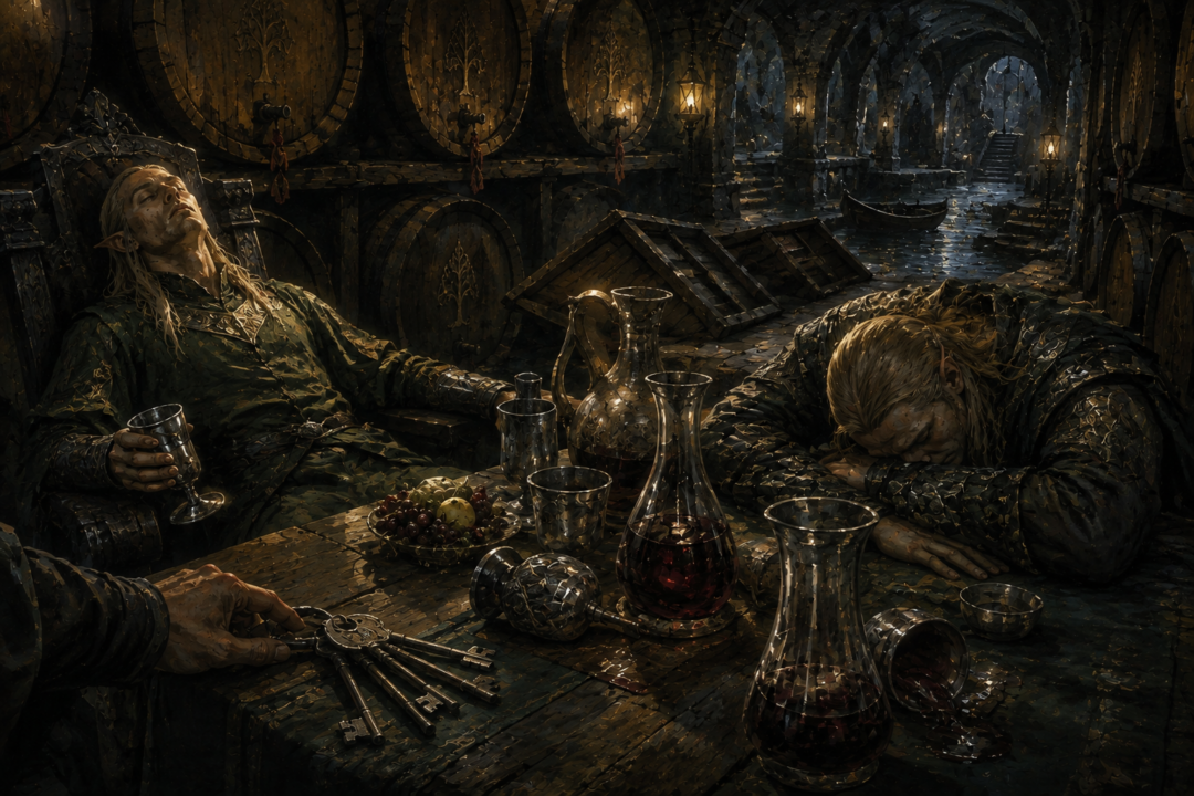 Galion and the Wood-elf guard captain asleep beside flagons of potent Dorwinion wine as Bilbo takes the prison keys.