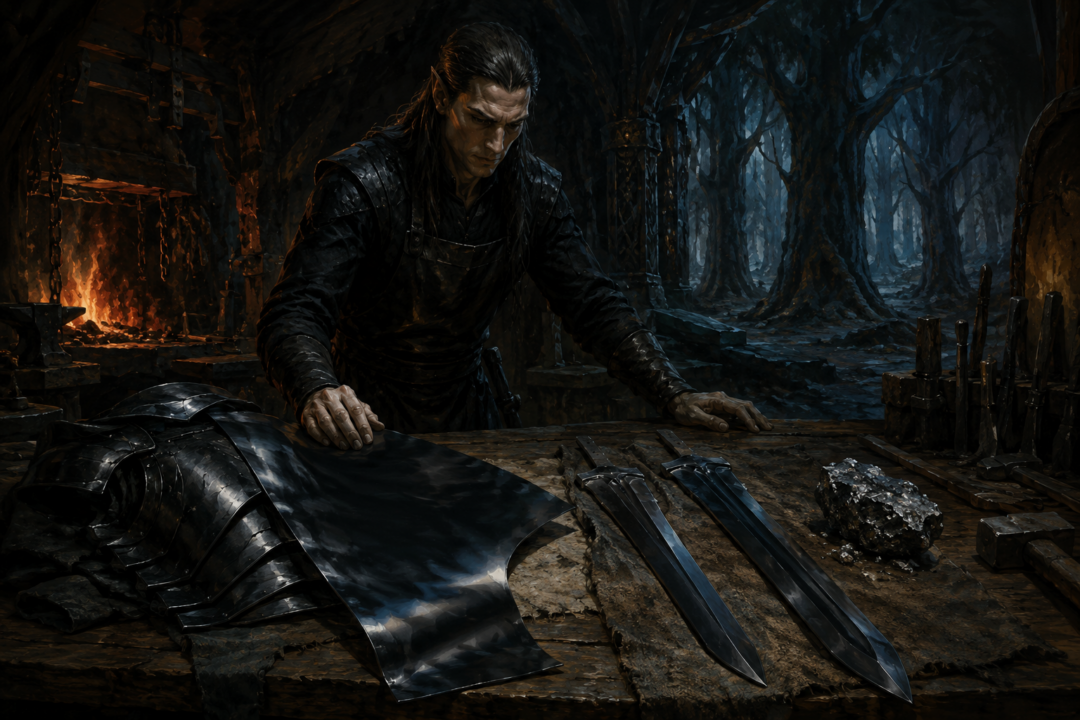 Eöl examining galvorn armour and the separate meteoric iron used for his two famous black swords.
