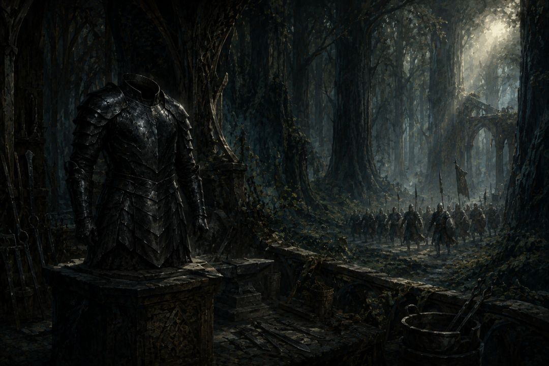 Rare black galvorn armour standing alone in Nan Elmoth while ordinary warriors are seen beyond the forest.