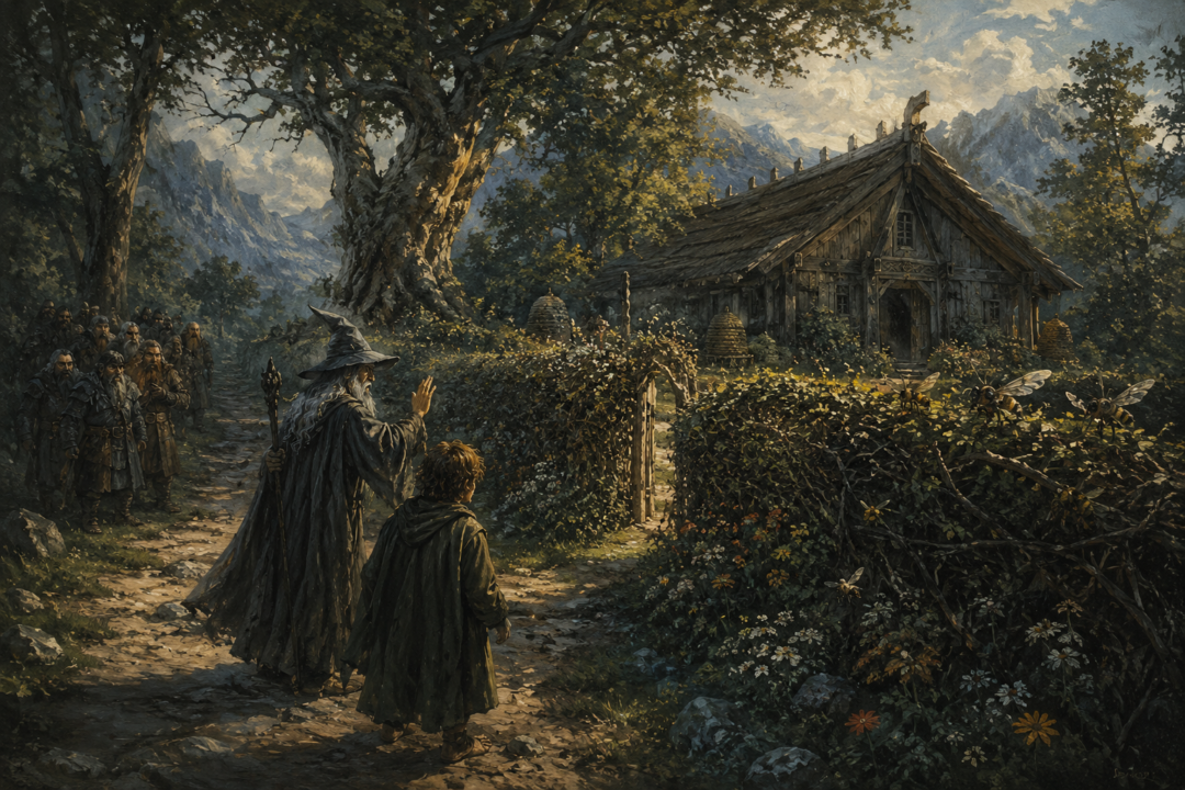 Gandalf and Bilbo approach Beorn's secluded house while the dwarves wait to enter in small groups.