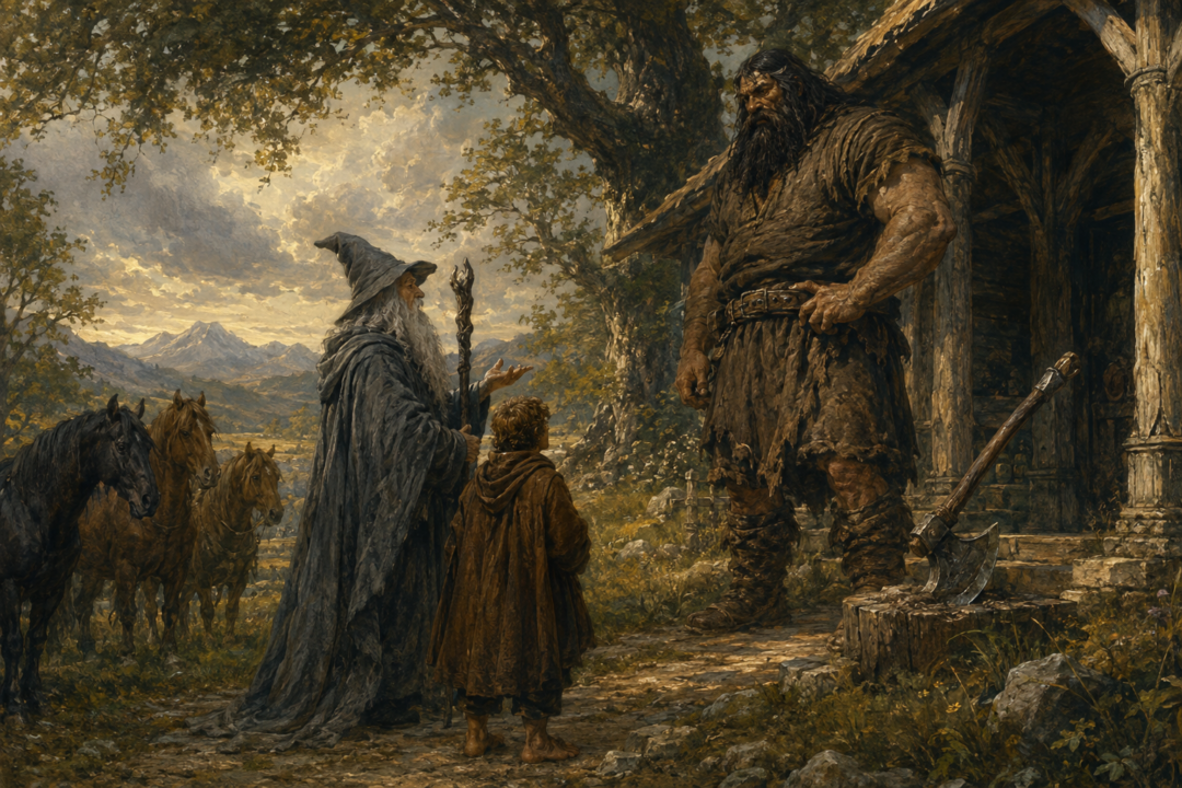 Gandalf and Bilbo cautiously meet the towering Beorn outside his wooden homestead.