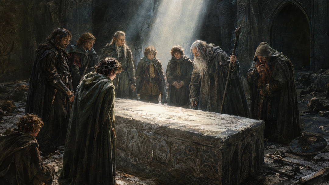 Gandalf examines the damaged Book of Mazarbul after the Fellowship has identified Balin's tomb.
