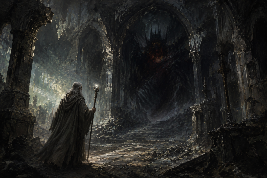 Gandalf exploring Dol Guldur and discovering that the mysterious Necromancer is Sauron