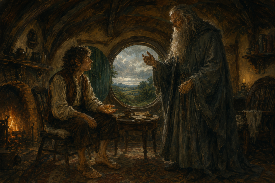 Gandalf counsels Frodo beside the Bag End hearth while refusing to take the One Ring.