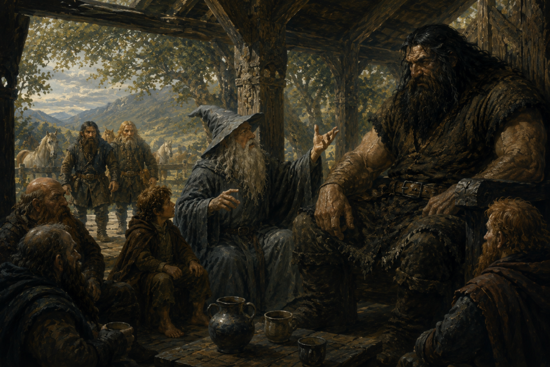 Gandalf tells Beorn the Company's story while introducing Thorin's Dwarves in small groups.