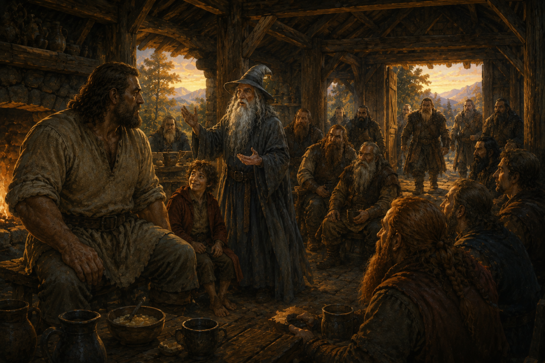 Gandalf tells Beorn about the company's adventures as the dwarves gradually arrive in small groups.