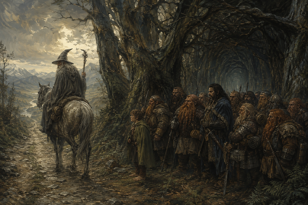 Gandalf parts from Bilbo, Thorin, and the Dwarves at the western entrance to Mirkwood.