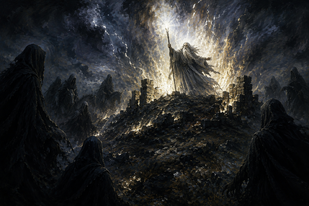 Gandalf faces the Nazgûl amid light and flame during his nighttime siege on Weathertop.