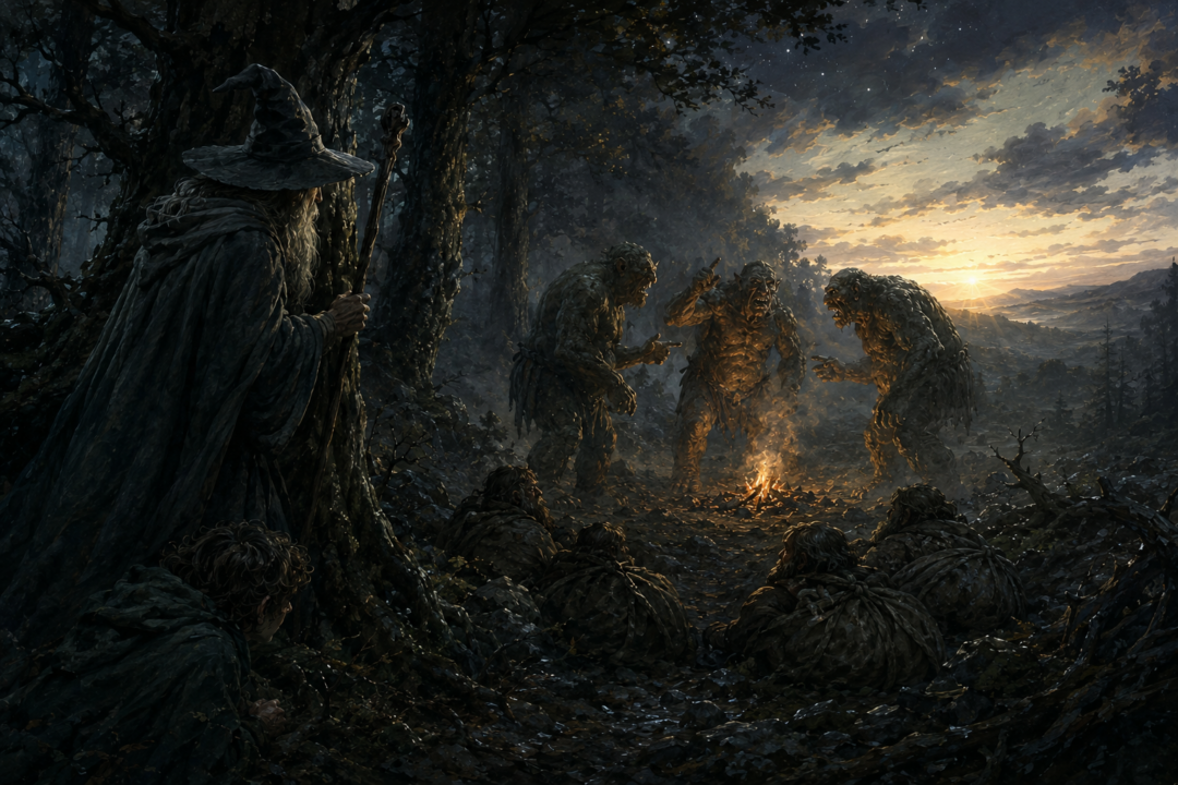 Gandalf waits in the dark forest as the arguing trolls waste the final minutes before sunrise.