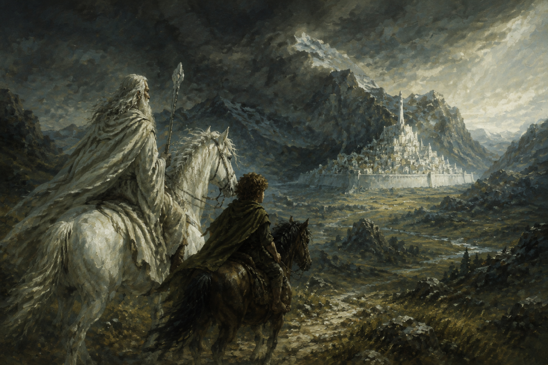 Gandalf and Pippin traveling toward Minas Tirith across the lands of Gondor